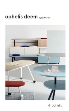 an advertisement for the ophelis dem furniture line, with different colored tables and chairs