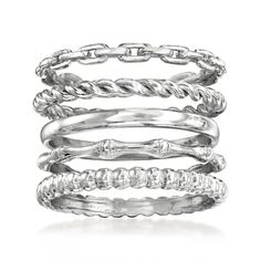 Ross-Simons - Sterling Silver Jewelry Set: Five Stackable Rings. Size 6. This set of five on-trend rings puts endless opportunity for stunning stacks at your very fingertips! Includes beaded, twisted, paper clip link, bamboo-style and polished bands, handcrafted in sterling silver. 3/8" wide when worn together. Sterling silver stackable ring set. Pearl Jewelry Shop, Sterling Silver Stackable Rings, Emerald Necklace Pendant, Silver Jewelry Set, Stackable Rings Silver, Sterling Silver Stacking Rings, Silver Stacking Rings, Silver Jewellery Sets, Stackable Ring