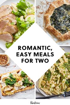 four different meals with the words romantic, easy meals for two on top of them