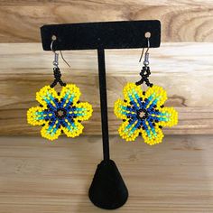 Beautiful Handmade Huichol Earrings, From Mexico. Lightweight And Chic! The Perfect Complement To Any Outfit! Yellow Beaded Earrings For Pierced Ears As Gift, Yellow Beaded Drop Earrings As Gift, Yellow Drop Beaded Earrings As Gift, Yellow Drop Beaded Earrings For Gift, Yellow Beaded Earrings, Adjustable Yellow Beaded Earrings With Ear Wire, Yellow Dangle Beaded Earrings For Gifts, Yellow Flower Drop Earrings With Ear Wire, Yellow Flower Beaded Earrings For Gift