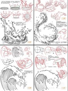 four different stages of drawing with pencils and ink on paper, each showing an image of