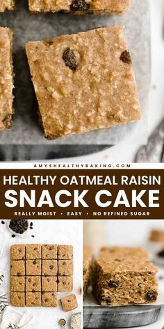 A healthy snack recipe featuring an oatmeal cake! Moist with lots of cozy spices and soft oats in every bite, this Healthy Oatmeal Raisin Snack Cake is the BEST. It's clean eating and an easy healthy breakfast too! Gluten free option included! Snack Cake Recipes, Protein Bars Healthy, Protein Snack Recipes, Granola Bars Healthy, Quick Snack Recipes, Easy Healthy Snack Recipes, High Protein Snack Recipes, Healthy Energy Bites, Snack Recipes For Kids