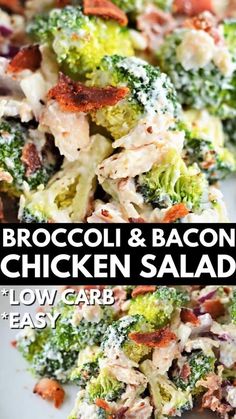 broccoli and bacon chicken salad on a white plate with text overlay that reads, broccoli & bacon chicken salad low carb easy