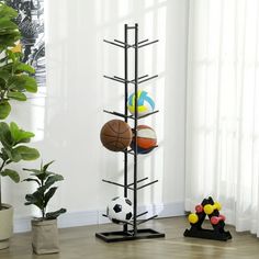 a rack with basketballs and balls on it in front of a potted plant