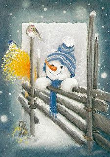 a painting of a snowman with a bird on his nose looking out the window