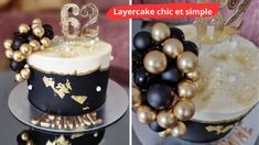 two pictures of a cake decorated with gold and black beads, one has the number twelve on it