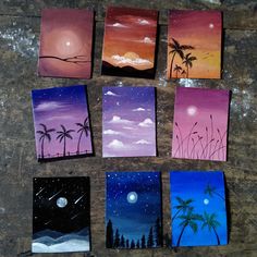 six paintings of palm trees and the moon are painted on canvases with acrylic paint