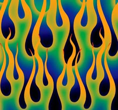 an abstract painting with blue, yellow and green flames coming out of the bottom right corner