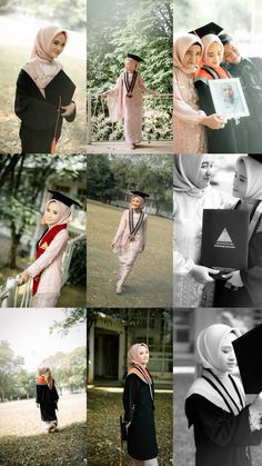 many different pictures of women in muslim garb and hijab, one woman holding an open book