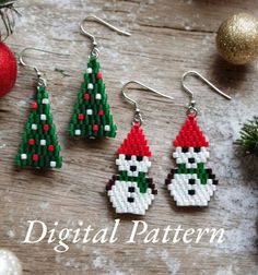 Two  DIGITAL PATTERNS for the Snowman and Christmas Tree 8/0 Delica Seed Bead Brick-Stitch Earrings. This is a pattern only. IT IS NOT A TUTORIAL and does not include instructions on how to do Brick Stitch.  These earrings are about 1.75 inches (47 mm) long. They are about 2 1/2 inches long with the Earwires.  You can use 11/0 Delica Seed Beads, but the earrings will be smaller (1 inch long or 25 mm). 1 1/2 inches long with Earwires. You will receive 2 patterns as a Digital Download Only. These Seed Beads Christmas, Brick Stitch Christmas, Pearls Jewelry Diy, Diy Seed Bead Earrings, Brick Stitch Earrings, Seed Bead Patterns, Brick Stitch, Earring Patterns, Seed Bead Earrings