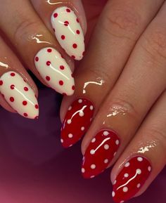 Short Valentines Nails Simple, Valentine Nails Oval, Easy Nail Art Valentines Day, Cherry And Heart Nails, Red Nails With White Polka Dots, Red Nails With Polka Dots, Polka Dot Nails Red, Gel X Nail Designs Simple, Red And White Polka Dot Nails