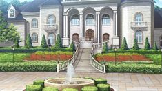 a painting of a large house with a fountain in the front yard and landscaping around it