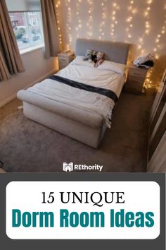 a bedroom with lights on the wall and a bed in the middle that says, 15 unique dorm room ideas