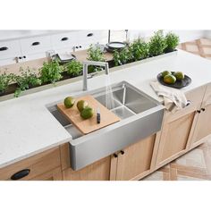 a stainless steel kitchen sink with two pears and a cutting board on the counter