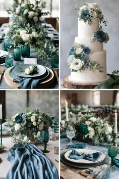 the table is set with blue and white flowers, greenery, candles, and napkins