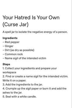 Hex Your Ex Spell Jar, Hex Protection Spell Jar, Hex Recipe, Hex Spell Jars Recipes, Hex Jar Witchcraft, Hex Spell Curse Jar, Jinxes Witchcraft, How To Hex Someone Spell Jar, Curse Jar Spell