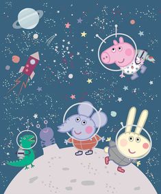 peppa pig and friends are flying in space