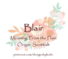 a white background with pink flowers and the words blair meaning from the plain origin scottish