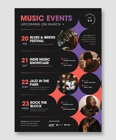 an event flyer for music events with photos and text on the front, in black and purple