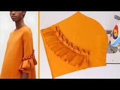 an orange dress with ruffles on the front and side, next to a photo of