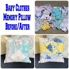 baby clothes memory pillow before and after being made into a pillow cover for the couch