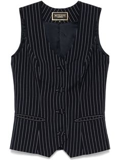 navy blue tailored design pinstripe pattern front button fastening V-neck sleeveless two front jetted pockets full lining Pinstripe Pattern, Yoko London, Wardrobe Edit, Tailored Design, Outerwear Vest, Boots Fall, Exclusive Fashion, Lady Dior, Outerwear Women