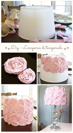 the instructions for how to make a rosette lamp shade with fabric flowers on it