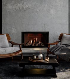 a living room with two chairs and a fire place