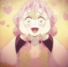 an anime character with pink hair and big eyes holding her hands up to her face