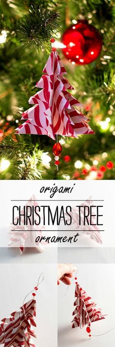 an origami christmas tree ornament is hanging on a christmas tree with red and white ornaments