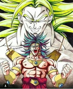 an anime character with green hair and blue eyes, standing next to another character in front of