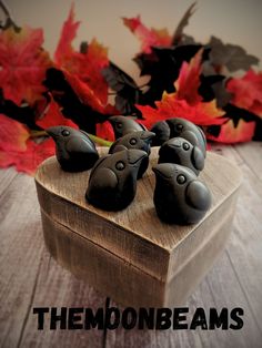 four black birds sitting on top of a wooden box in front of leaves and the words themonbeams