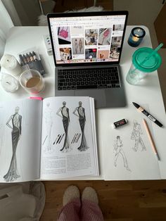 Sketch desk setup fashion illustration pink water pinterest board Apps For Fashion Designers, Art Desk Setup, Fashion School Aesthetic, Drawing Model, Fashion Design Books, Fashion Jobs