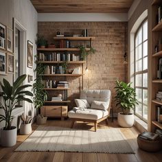 a living room filled with lots of furniture and bookshelves next to a window