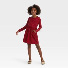 Long-Sleeve Skater Dress For Kids Soft Fabric Blend Pullover Style Side Pockets Recycled Polyester This Long-Sleeve Skater Dress From Cat & Jack Decorated With A Whimsical Festive Print Brings A Fun Look To Their Wardrobe. Fashioned In An At-Knee Length, It Sports A Casual Crewneck Along With Side Pockets For Functional Flair. The Soft Jersey Fabric Lends Comfortable All-Day Wear, And The Pullover Style Makes Dressing Easy. They Can Add Sandals, Slip-Ons Or Sneakers To Complete The Look. Location A5 Long Sleeve Tulle Dress, American Flag Dress, Cream Sweater Dress, Long Sleeve Plaid Dress, Pink Knit Dress, Long Sleeve Striped Dress, Crochet Sweater Dress, Winter Sweater Dresses, Pink Tulle Dress