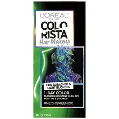 It's not a hair dye - it's makeup for hair! Gentle leave-in formula for one day color that washes out with shampoo. No bleach or gloves required. Mix and match different shades to create your own non permanent hair color. No gloves. No damage. No rules. Pink hair, blue hair, or purple hair, this wash out hair color gives you limitless options. Size: One Size.  Color: Green. Hair Color Temporary, Hair Color Gloss, Non Permanent Hair Color, Wash Out Hair Color, Loreal Colorista, Loreal Paris Makeup, Makeup Shades, Temporary Hair Color, Color Spray