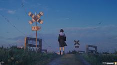 a woman standing on top of a dirt road next to a street sign and grass