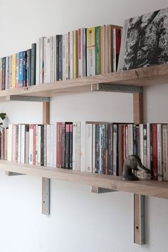 several books are lined up on wooden shelves