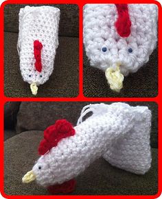 crocheted chicken leg warmers made to look like an oven mitt