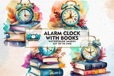 an image of alarm clocks with books and watercolors on the bottom right hand corner