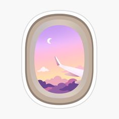 an airplane window with the view of clouds and a moon in the sky sticker