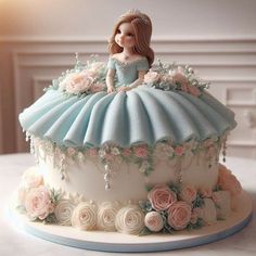 there is a cake that looks like a princess on top of it with roses around the edges