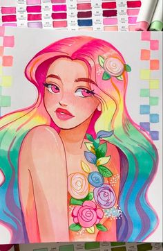 a drawing of a girl with long hair and flowers in her hair, surrounded by color swatches