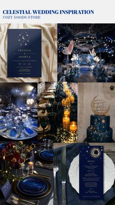 a collage of photos with blue and gold wedding decorations, plates, and menus