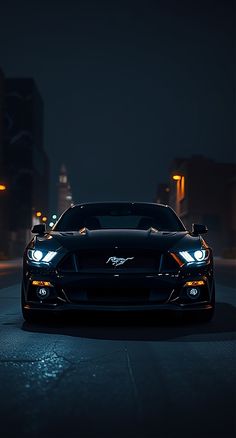 a black sports car driving down the street at night