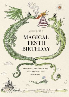 a birthday card with an image of a green dragon and a cake on the front