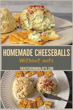 homemade cheeseballs without nuts on a white plate with text overlay that says homemade cheeseballs without nuts