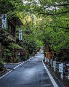 an empty street is lined with trees and signs