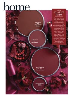 the cover of home magazine with various shades of red