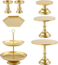 three tiered trays with gold metal handles and two plates on each one side